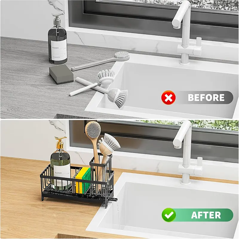 Cisily Sponge Holder for Kitchen Sink, Sink Caddy with High Brush Holder