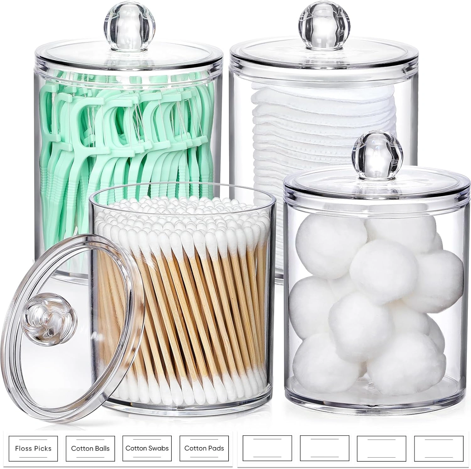 4 Pack Acrylic Qtip Holder Dispenser for Cotton Swabs, Balls, Pads, Floss Picks
