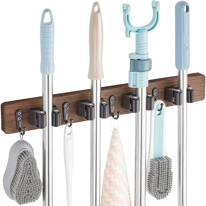 Mop and Broom Holder Wall Mount – Rustic Wood Broom Mop Hanger
