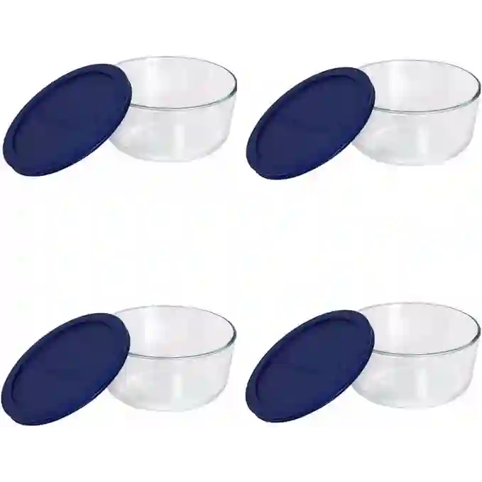 Pyrex Storage 4-Cup Round Dish with Dark Blue Plastic Cover