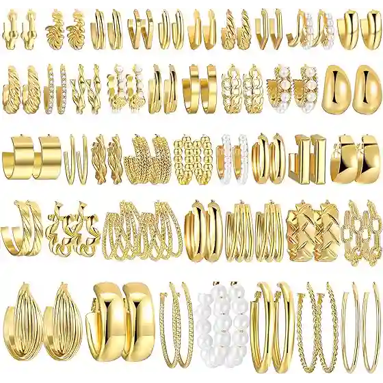 42 Pairs Gold Hoop Earrings Set for Women, Fashion Chunky Pearl Earrings