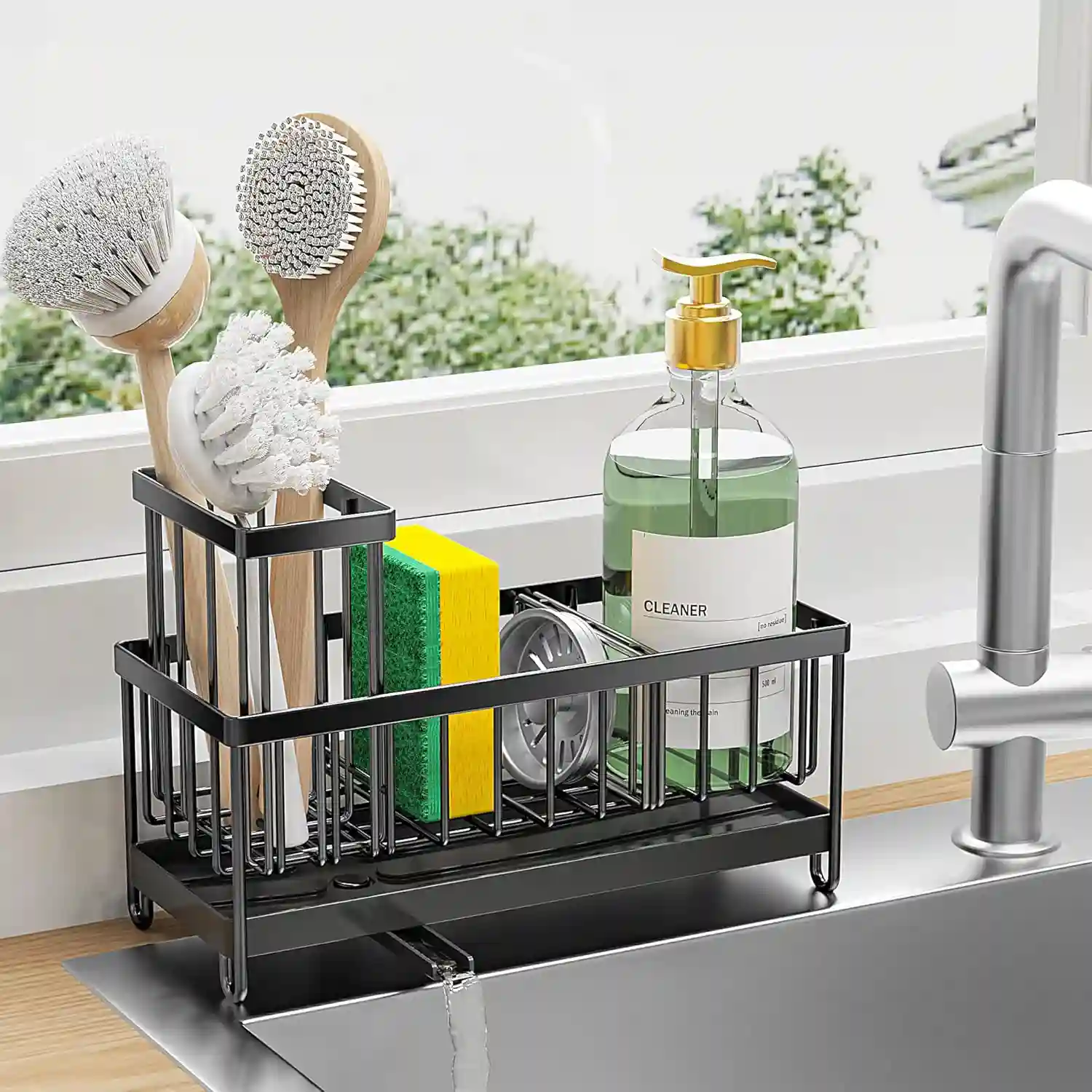 Cisily Black Sponge Holder for Kitchen Sink, Sink Caddy Organizer