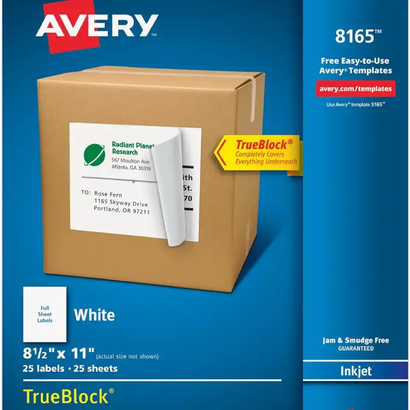 Avery Full-Sheet Printable Shipping Labels, 8.5″ x 11″ Customizable Stickers, White, 25 Blank Mailing Labels, Great for Mailing, Shipping, Organizing, and More (8165)